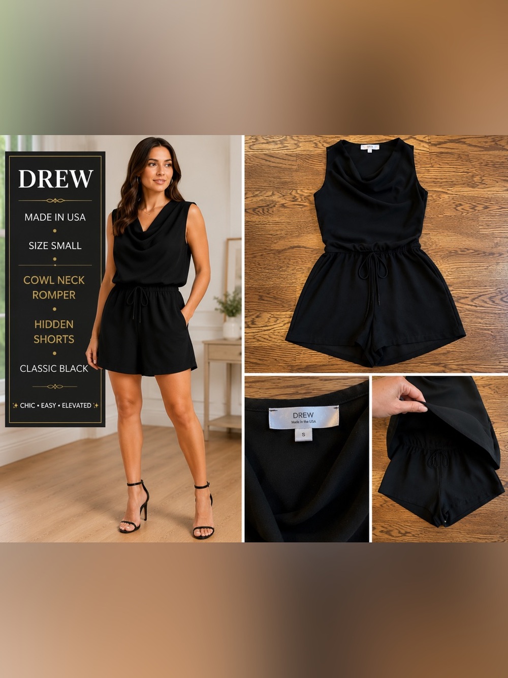 DREW Black Sleeveless Romper Size Small Cowl Neck Elastic Waist Made in USA 🇺🇸